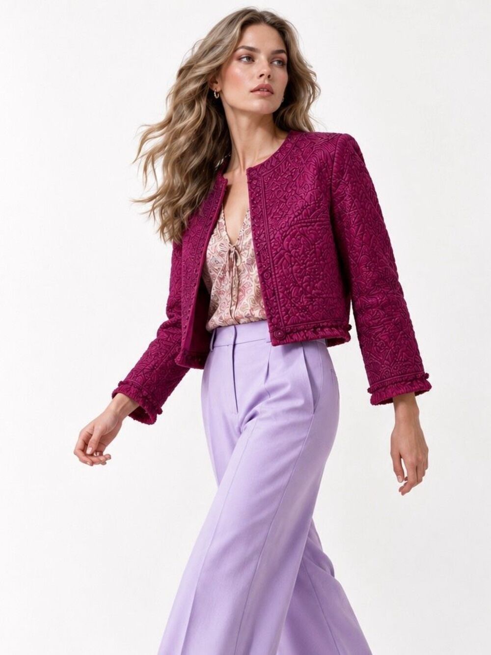 NWT Soft Surroundings Fuchsia Quilted Cropped Jacket PM Boho Western Cottagecore